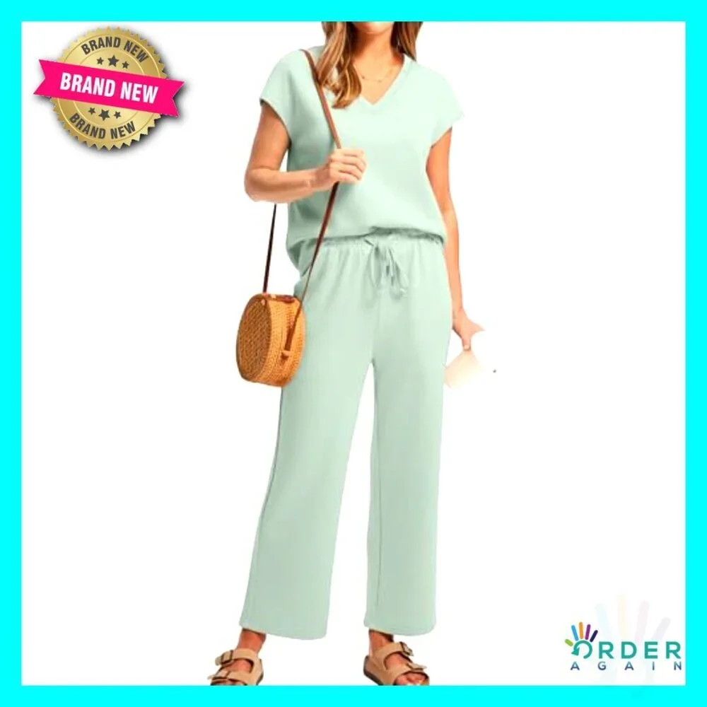 V-Neck Cap Sleeve Top Wide Leg Pants Two Piece Set Lounge Wear Travel Outfit